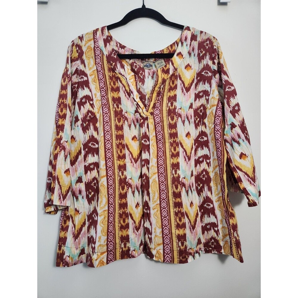 Shaver Lake Womens Sz L V-neck 3/4 Sleeve Boho Artsy Boxy Top Cotton Lightweight